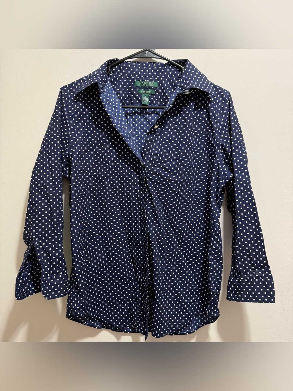 Lauren Ralph Lauren top blouse button up Polka Dot Navy Women’s M 3/4 sleeve